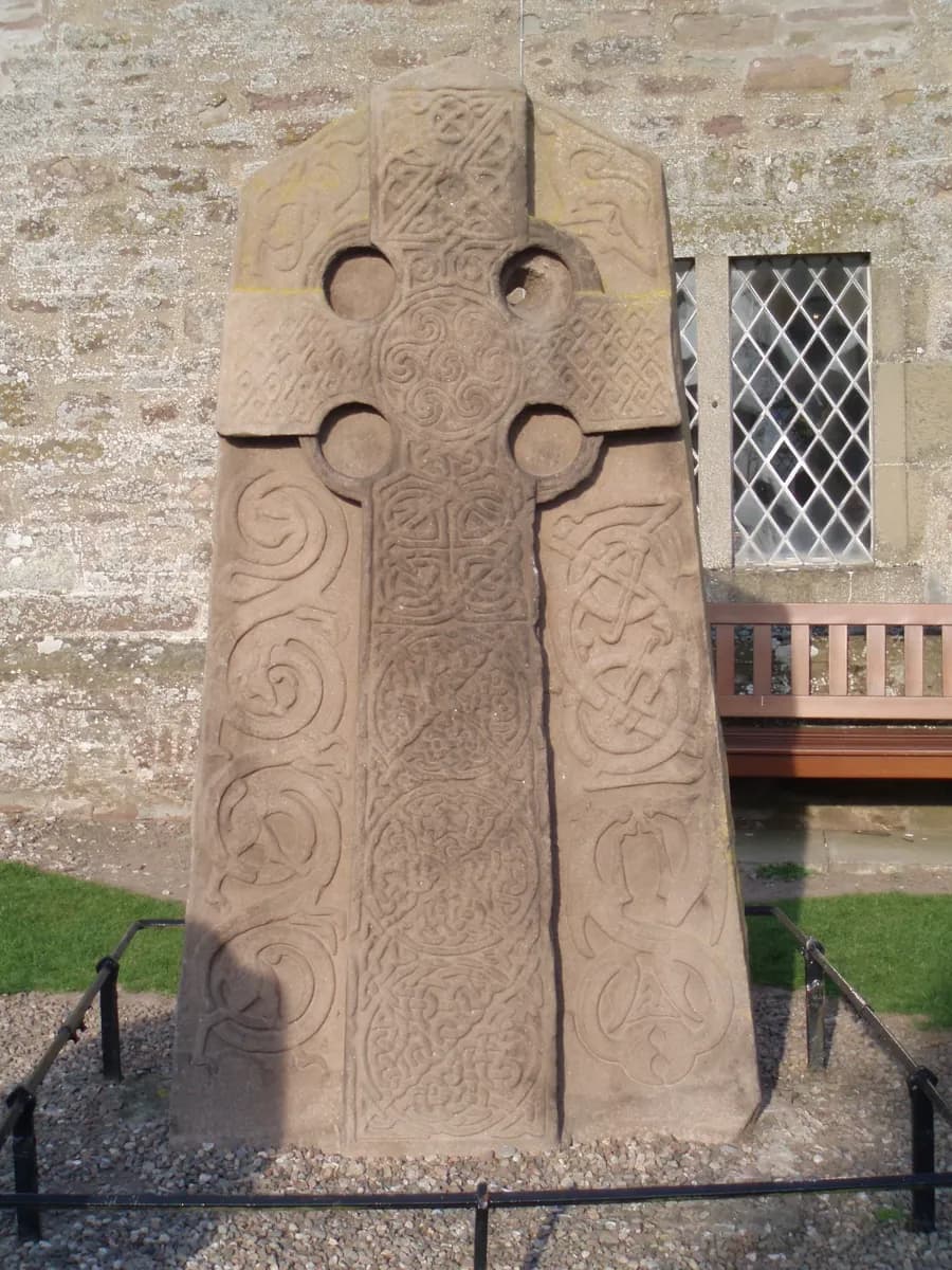 Intricately carved cross on the Pictish stone in Aberlemno kirkyard, Angus, Scotland