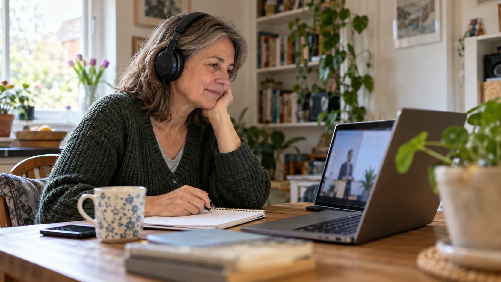 Illustration of a middle-aged woman wearing headphones and learning at her laptop at home